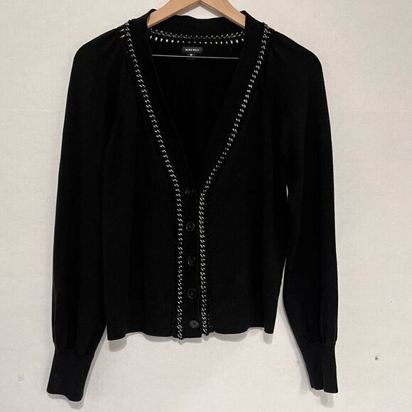 Nine West Black Cardigan With Chain Accent   Sz M   EUC - Picture 1 of 4